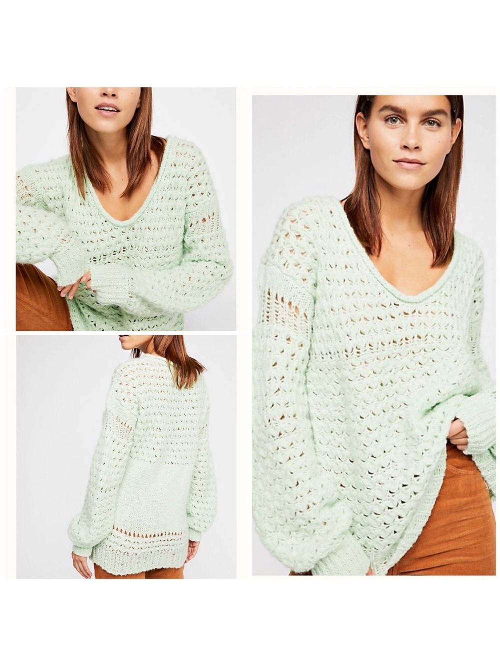 Free People Crashing Waves Mint Open-Knit Pullover Wool Blend Sweater Tunic S